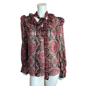 Kate Spade Metallic Silk Blouse XS Medallion Print Long Sleeve Sheer Ruffle Red